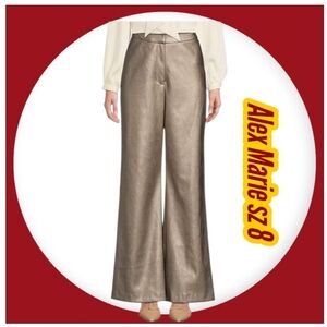 Alex Marie Woman Faux Suede Coated Metallic High Rise Flat Front Wide Leg Pants